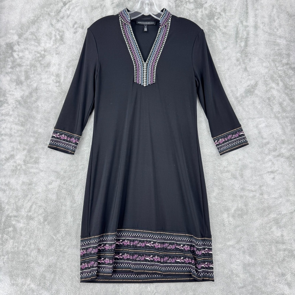 White House Black Market Dress Small Shift Beaded Embroidered Career Knit Office